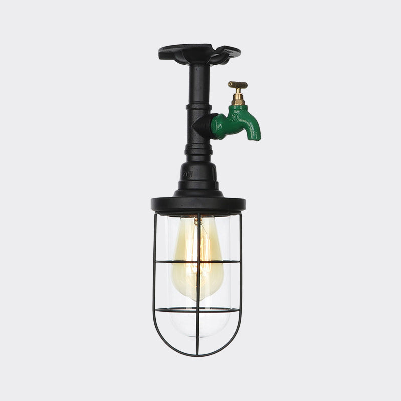 Semi Flushmount Antiqued Black Iron Ceiling Lamp with Clear Glass Shade