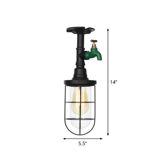 Semi Flushmount Antiqued Black Iron Ceiling Lamp with Clear Glass Shade