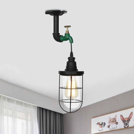 Semi Flushmount Antiqued Black Iron Ceiling Lamp with Clear Glass Shade