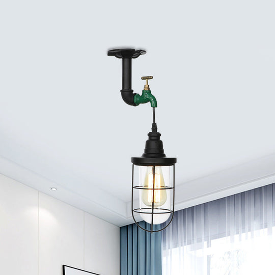 Semi Flushmount Antiqued Black Iron Ceiling Lamp with Clear Glass Shade