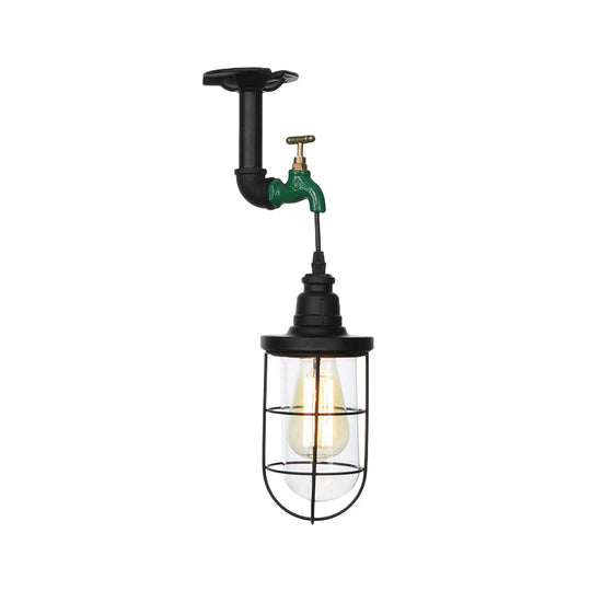 Semi Flushmount Antiqued Black Iron Ceiling Lamp With Clear Glass Shade