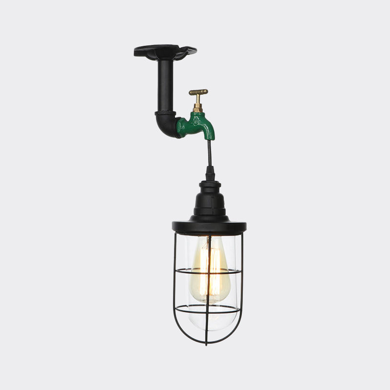 Semi Flushmount Antiqued Black Iron Ceiling Lamp with Clear Glass Shade