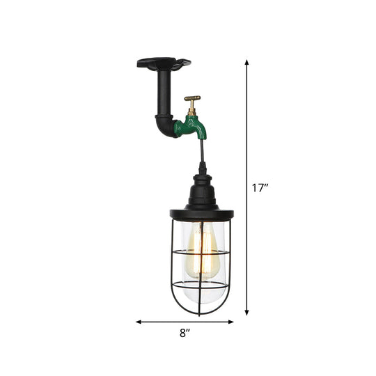 Semi Flushmount Antiqued Black Iron Ceiling Lamp with Clear Glass Shade