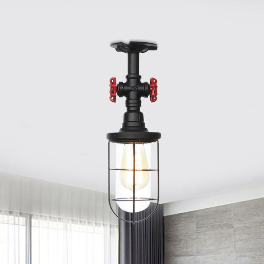 Industrial Black Cage Semi Flush Mount Ceiling Fixture with Clear Glass, Flush Valve Decor for Balcony