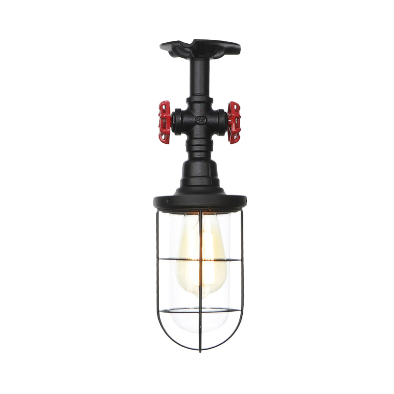 Industrial Black Cage Semi Flush Mount Ceiling Fixture with Clear Glass, Flush Valve Decor for Balcony