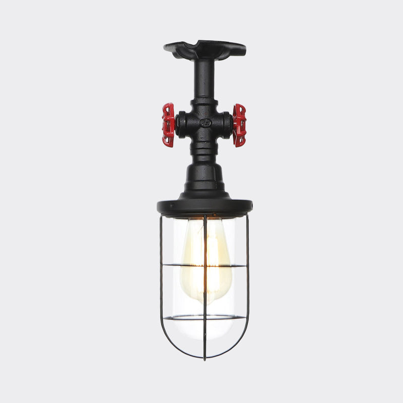 Industrial Black Cage Semi Flush Mount Ceiling Fixture with Clear Glass, Flush Valve Decor for Balcony