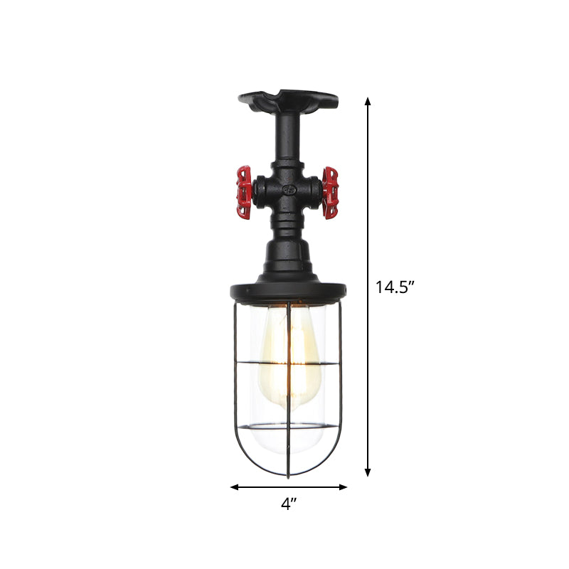 Industrial Black Cage Semi Flush Mount Ceiling Fixture with Clear Glass, Flush Valve Decor for Balcony