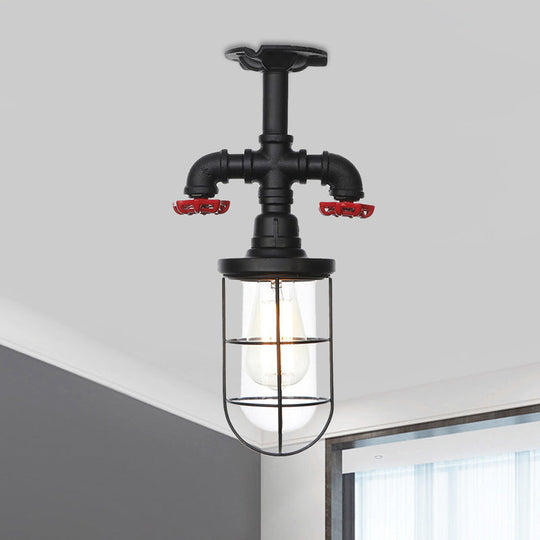 Industrial Black Cage Semi Flush Mount Ceiling Fixture with Clear Glass, Flush Valve Decor for Balcony