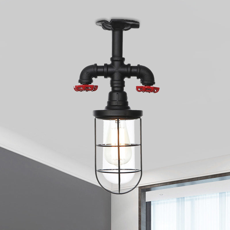 Industrial Black Cage Semi Flush Mount Ceiling Fixture With Clear Glass Valve Decor For Balcony / B