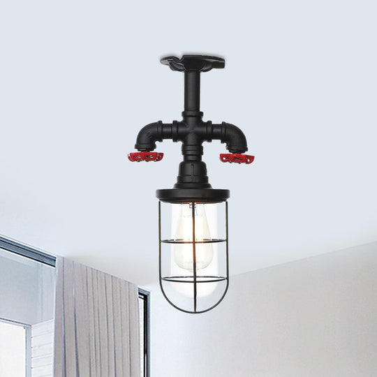 Industrial Black Cage Semi Flush Mount Ceiling Fixture With Clear Glass Valve Decor For Balcony