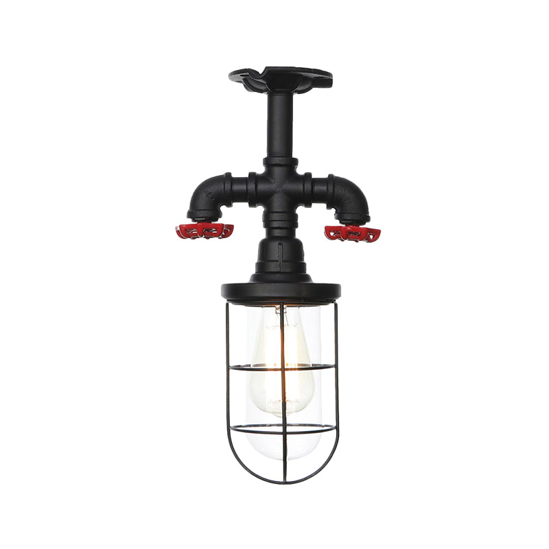 Industrial Black Cage Semi Flush Mount Ceiling Fixture with Clear Glass, Flush Valve Decor for Balcony