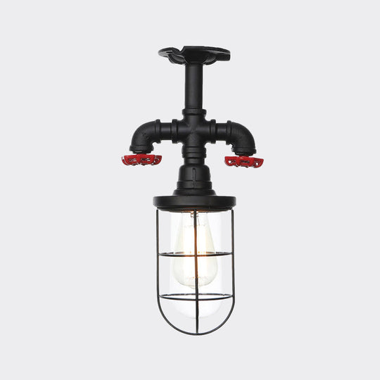 Industrial Black Cage Semi Flush Mount Ceiling Fixture with Clear Glass, Flush Valve Decor for Balcony