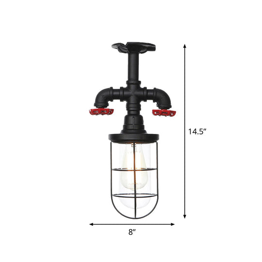 Industrial Black Cage Semi Flush Mount Ceiling Fixture with Clear Glass, Flush Valve Decor for Balcony