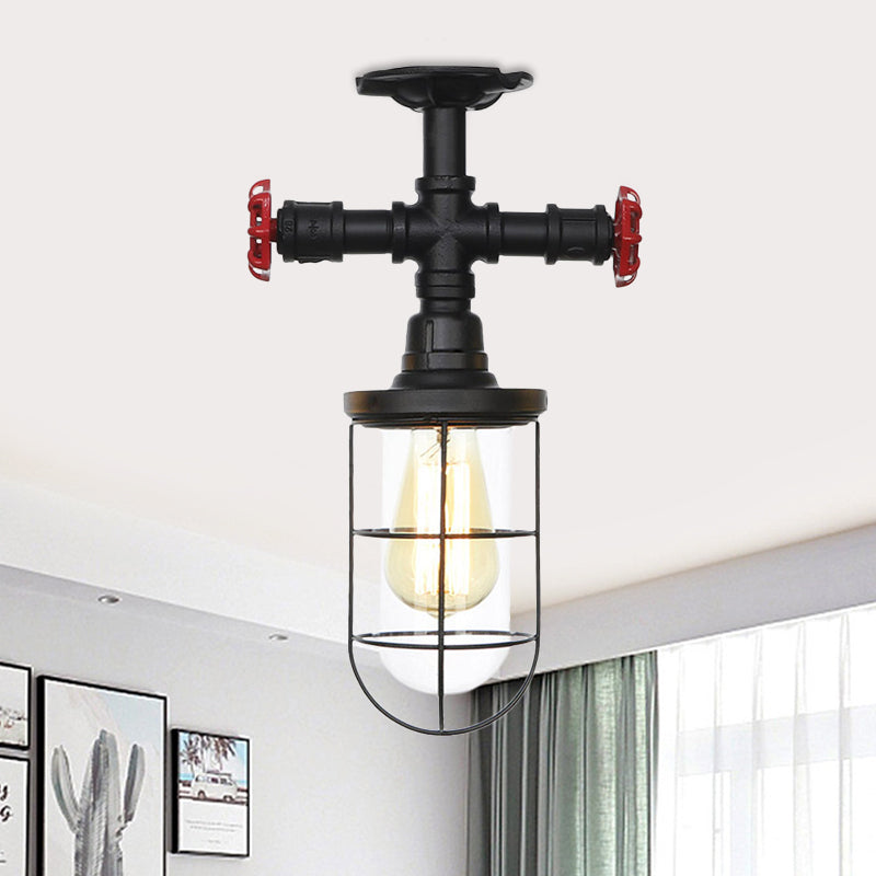 Industrial Black Cage Semi Flush Mount Ceiling Fixture with Clear Glass, Flush Valve Decor for Balcony