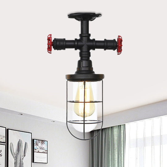 Industrial Black Cage Semi Flush Mount Ceiling Fixture With Clear Glass Valve Decor For Balcony / C