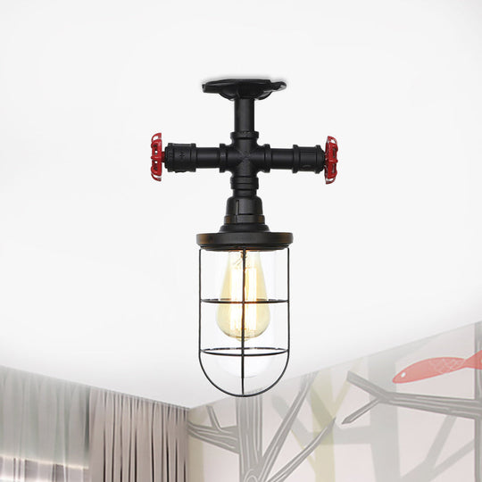 Industrial Black Cage Semi Flush Mount Ceiling Fixture with Clear Glass, Flush Valve Decor for Balcony