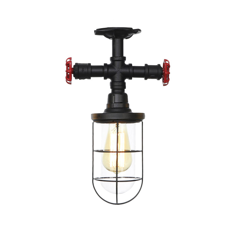 Industrial Black Cage Semi Flush Mount Ceiling Fixture with Clear Glass, Flush Valve Decor for Balcony