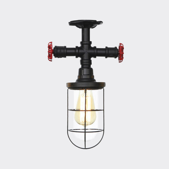 Industrial Black Cage Semi Flush Mount Ceiling Fixture with Clear Glass, Flush Valve Decor for Balcony