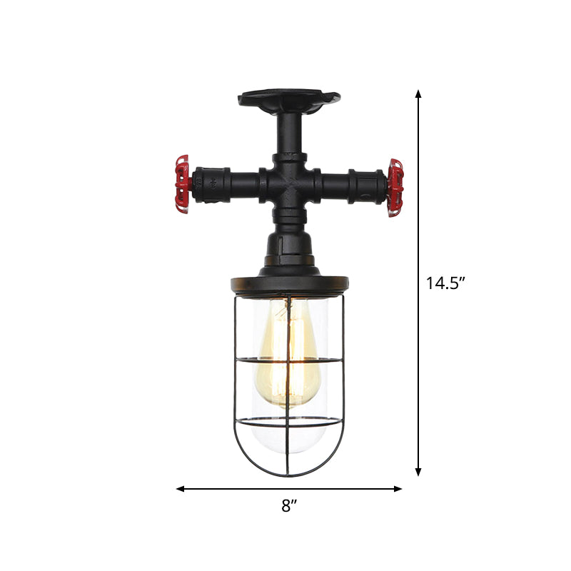 Industrial Black Cage Semi Flush Mount Ceiling Fixture with Clear Glass, Flush Valve Decor for Balcony