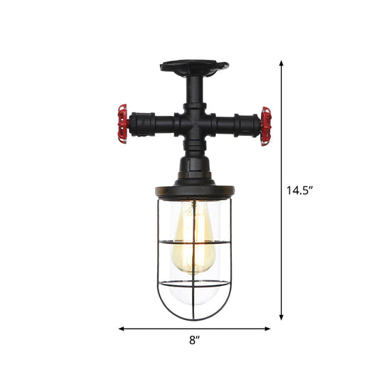 Industrial Black Cage Semi Flush Mount Ceiling Fixture With Clear Glass Valve Decor For Balcony