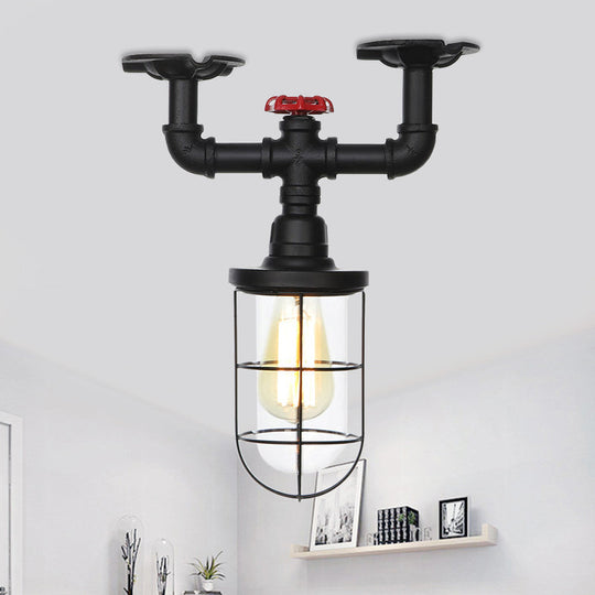 Industrial Black Cage Semi Flush Mount Ceiling Fixture with Clear Glass, Flush Valve Decor for Balcony