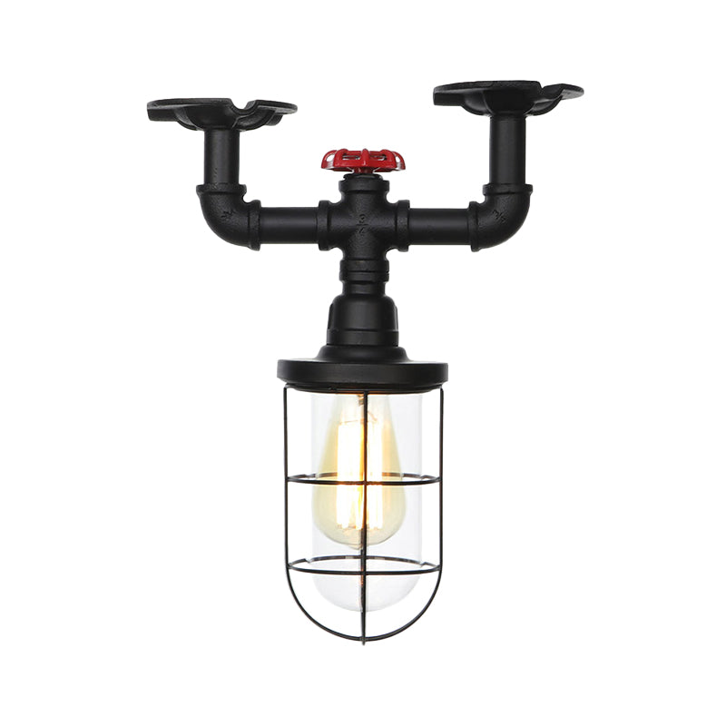 Industrial Black Cage Semi Flush Mount Ceiling Fixture with Clear Glass, Flush Valve Decor for Balcony