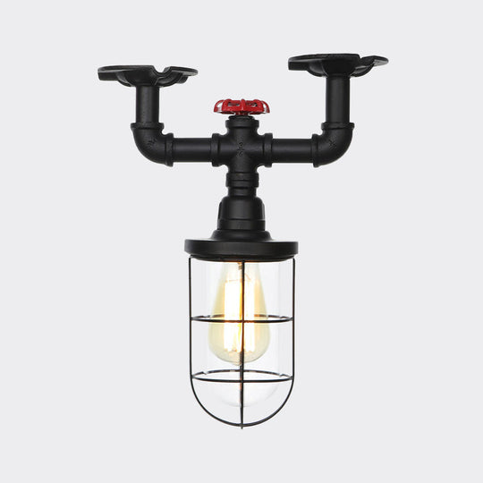 Industrial Black Cage Semi Flush Mount Ceiling Fixture with Clear Glass, Flush Valve Decor for Balcony