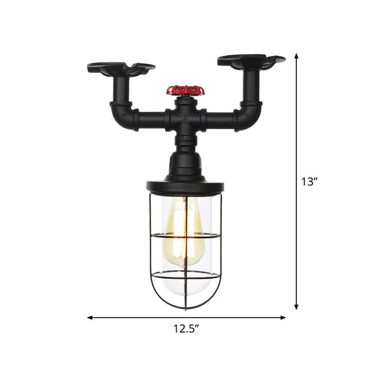 Industrial Black Cage Semi Flush Mount Ceiling Fixture With Clear Glass Valve Decor For Balcony