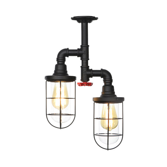 Farmhouse Wire Cage Flushmount Ceiling Fixture - Clear Glass, Black Finish - 2 Bulbs