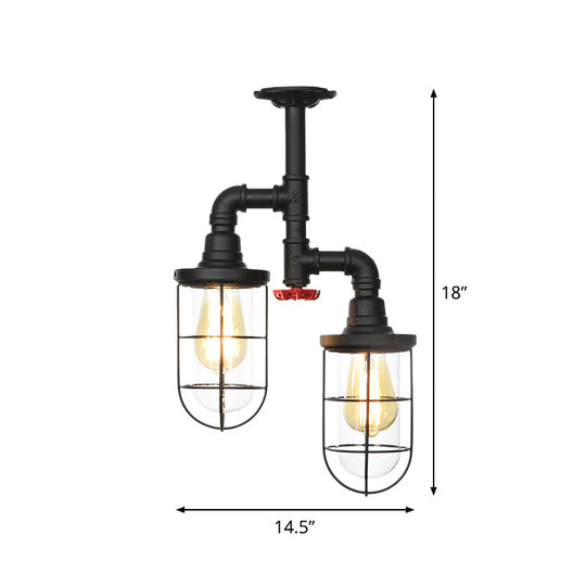 Farmhouse Wire Cage Flushmount Ceiling Fixture - Clear Glass, Black Finish - 2 Bulbs