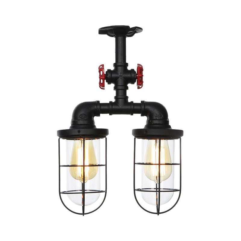 Farmhouse Wire Cage Flushmount Ceiling Fixture - Clear Glass, Black Finish - 2 Bulbs