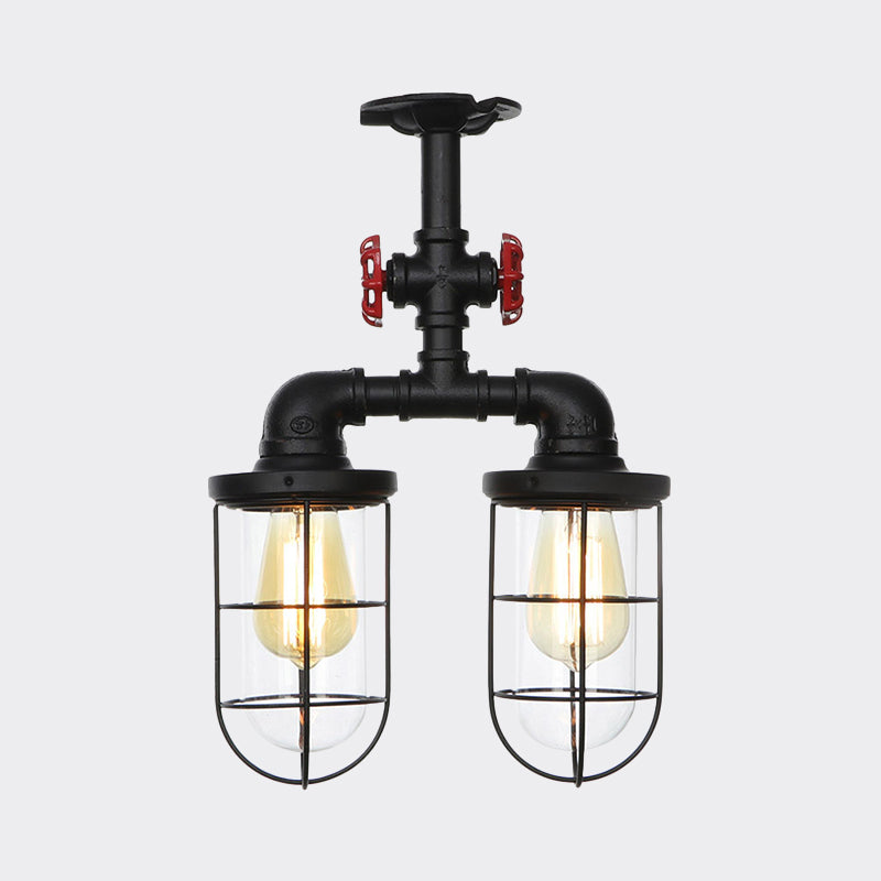 Farmhouse Wire Cage Flushmount Ceiling Fixture - Clear Glass, Black Finish - 2 Bulbs