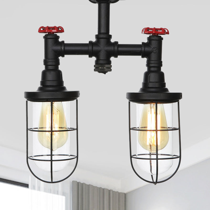 Farmhouse Wire Cage Flushmount Ceiling Fixture - Clear Glass, Black Finish - 2 Bulbs