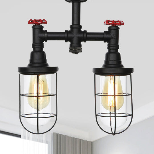 Farmhouse Wire Cage Flushmount Ceiling Fixture - Clear Glass Black Finish 2 Bulbs / C