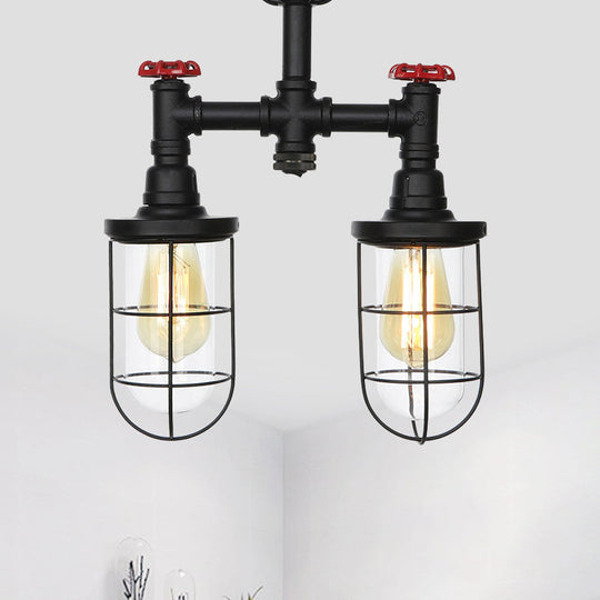 Farmhouse Wire Cage Flushmount Ceiling Fixture - Clear Glass, Black Finish - 2 Bulbs