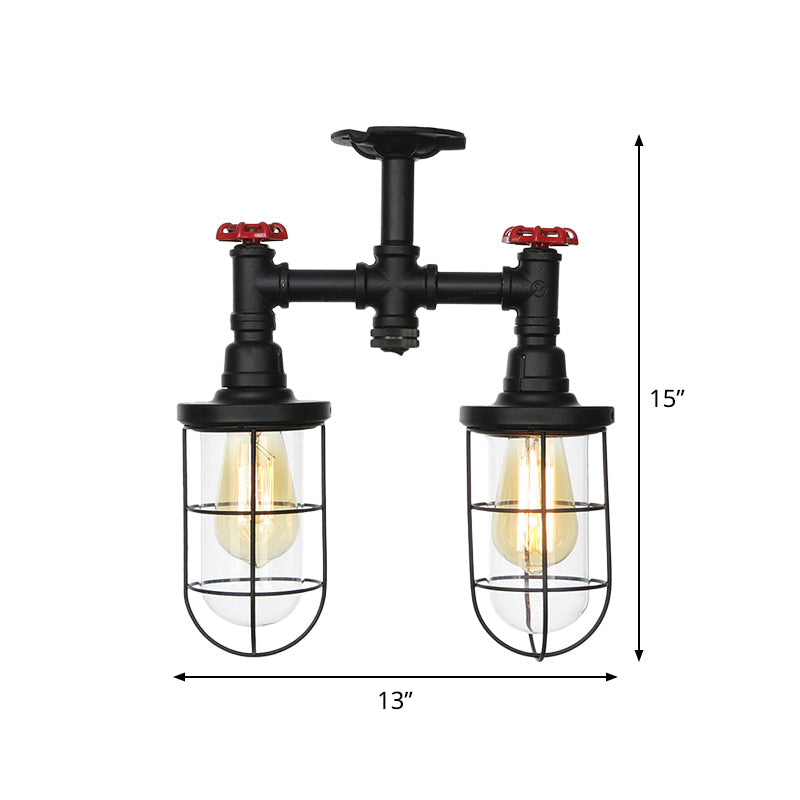 Farmhouse Wire Cage Flushmount Ceiling Fixture - Clear Glass, Black Finish - 2 Bulbs