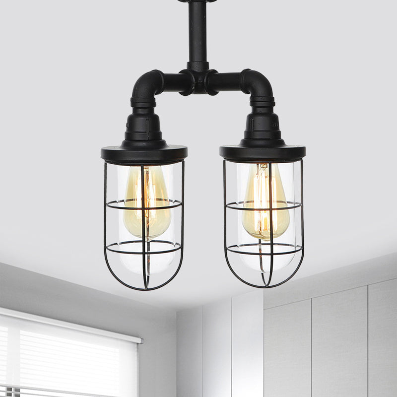 Vintage Black Caged Semi Flush Mount Ceiling Lamp with Clear Glass - 2 Heads Lighting