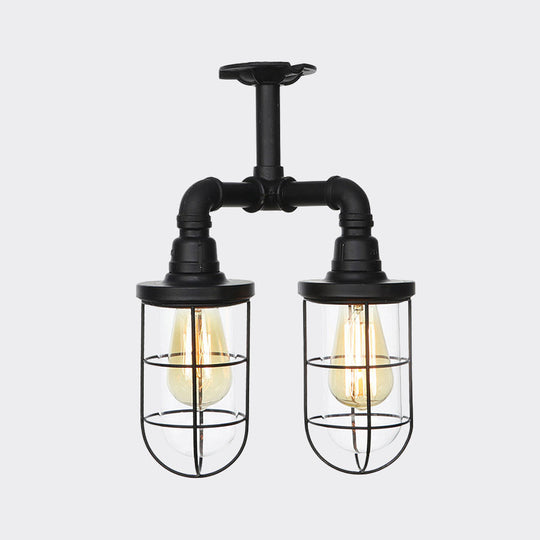 Vintage Black Caged Semi Flush Mount Ceiling Lamp with Clear Glass - 2 Heads Lighting