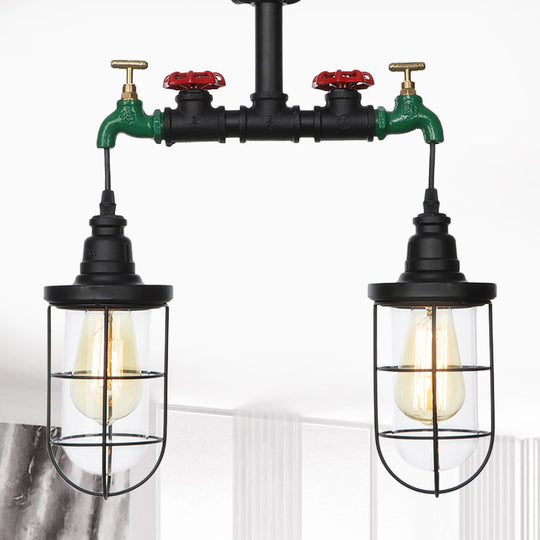 Vintage Black Caged Semi Flush Mount Ceiling Lamp with Clear Glass - 2 Heads Lighting