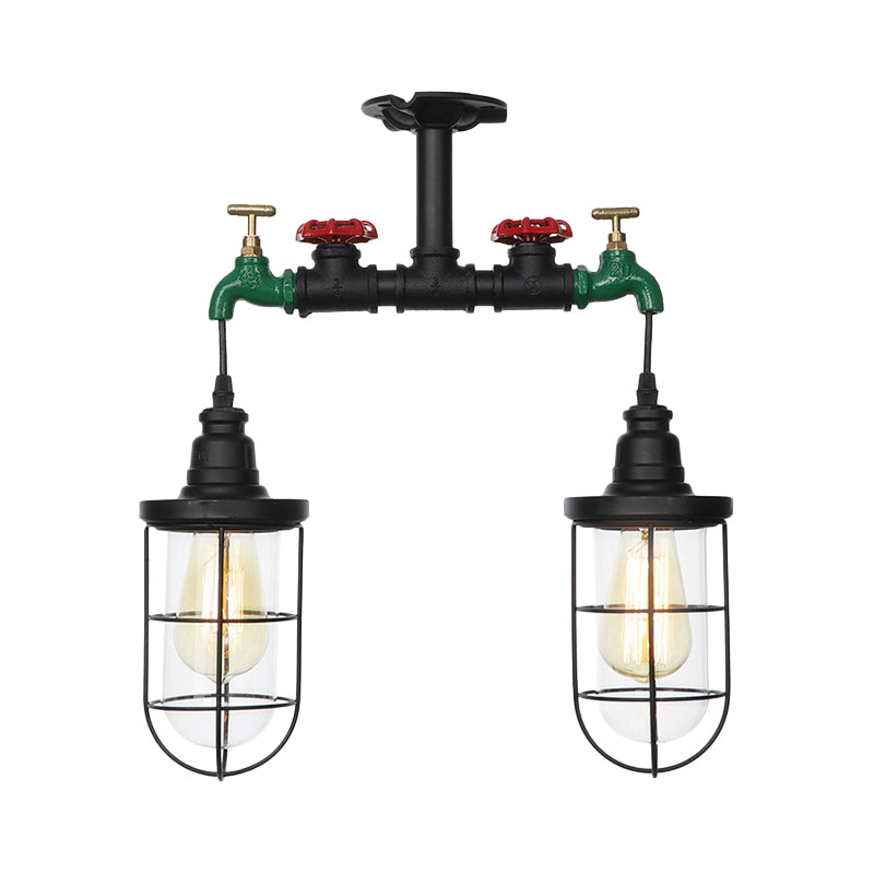 Vintage Black Caged Semi Flush Mount Ceiling Lamp with Clear Glass - 2 Heads Lighting