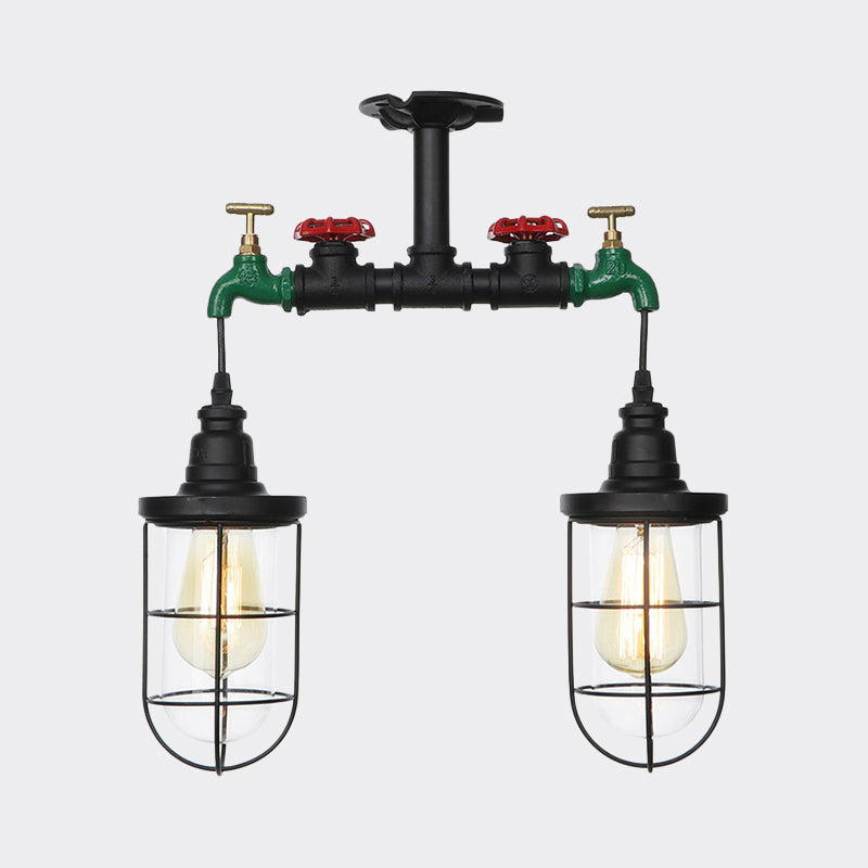 Vintage Black Caged Semi Flush Mount Ceiling Lamp with Clear Glass - 2 Heads Lighting