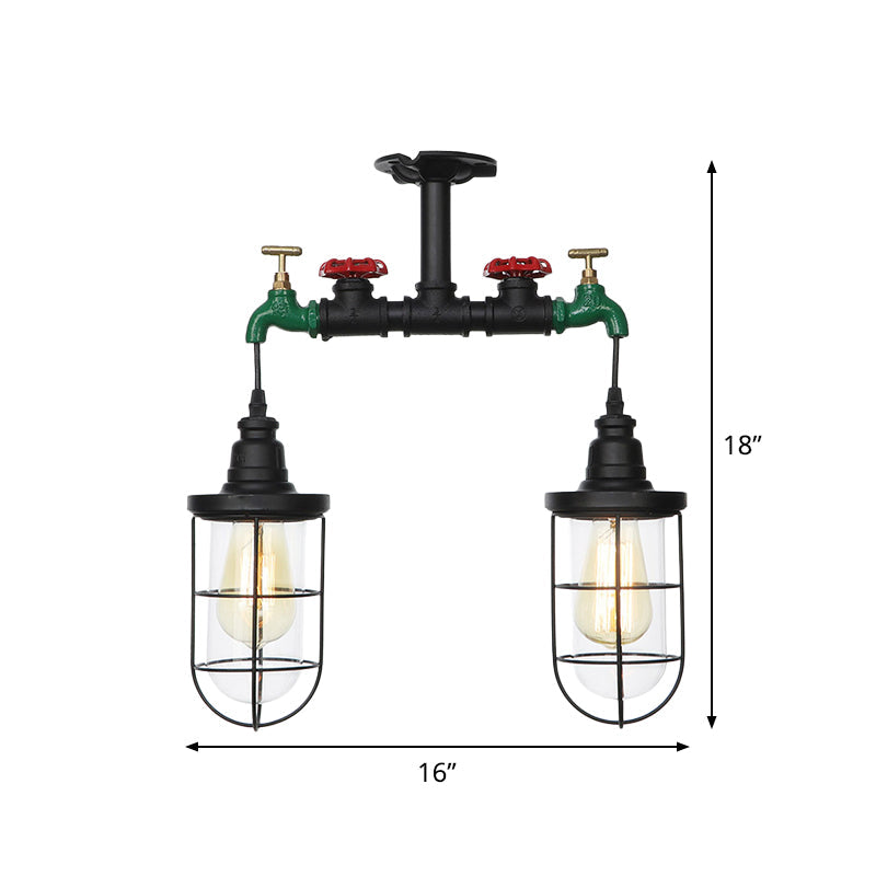 Vintage Black Caged Semi Flush Mount Ceiling Lamp with Clear Glass - 2 Heads Lighting