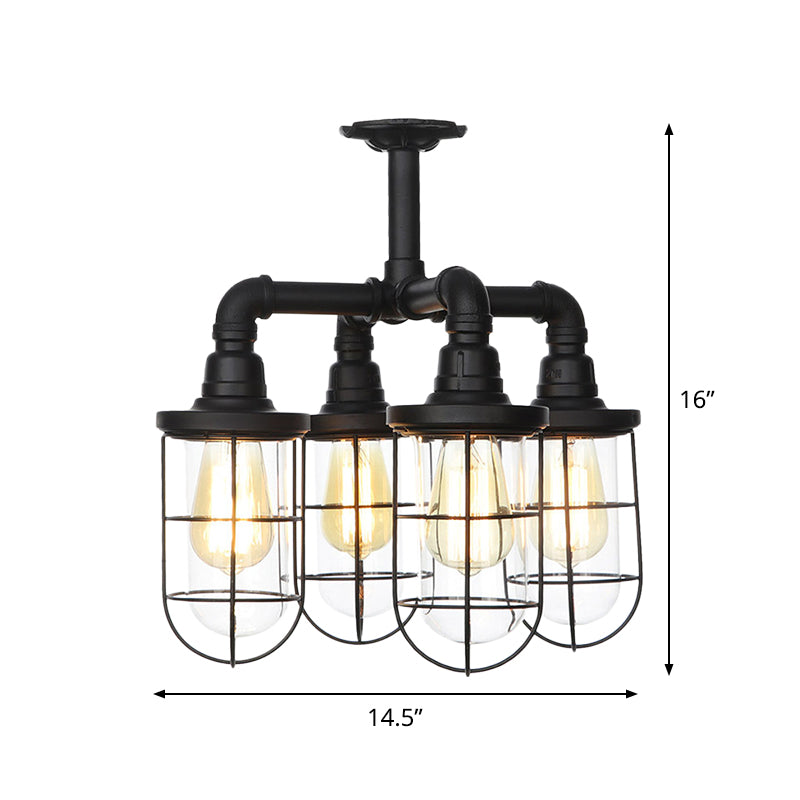 Sleek Black 3/4-Light Semi Mount Industrial Clear Glass Cage Lamp Fixture