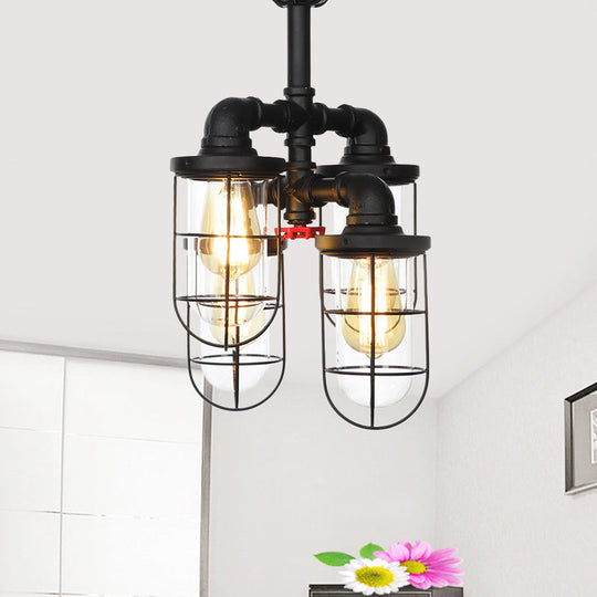 Sleek Black 3/4-Light Semi Mount Industrial Clear Glass Cage Lamp Fixture