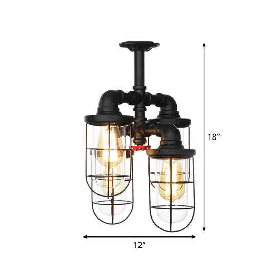 Sleek Black 3/4-Light Semi Mount Industrial Clear Glass Cage Lamp Fixture