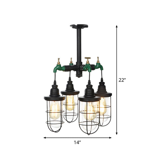 Sleek Black 3/4-Light Semi Mount Industrial Clear Glass Cage Lamp Fixture