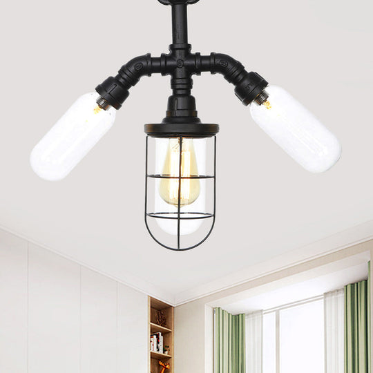 Antique Style Semi-Flush Ceiling Light - Clear Glass Flush Mounted Lamp with Cage in Black - 3 Bulbs