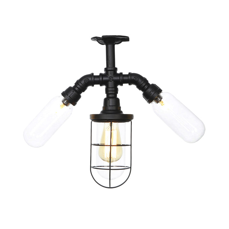 Antique Style Semi-Flush Ceiling Light - Clear Glass Flush Mounted Lamp with Cage in Black - 3 Bulbs