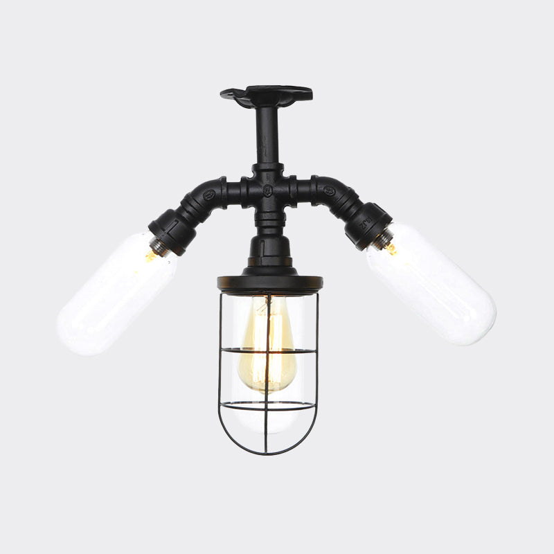 Antique Style Semi-Flush Ceiling Light - Clear Glass Flush Mounted Lamp with Cage in Black - 3 Bulbs