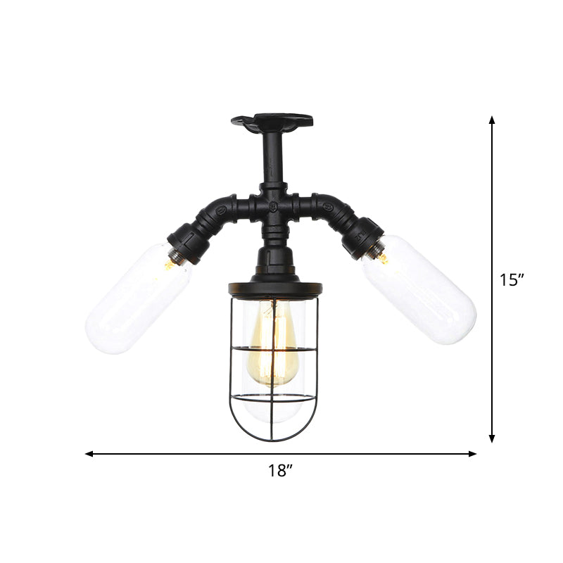 Antique Style Semi-Flush Ceiling Light - Clear Glass Flush Mounted Lamp with Cage in Black - 3 Bulbs